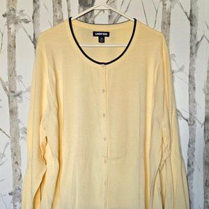 Land's End Fine Gauge Cotton Cardigan Yellow W/Navy Detail 2X